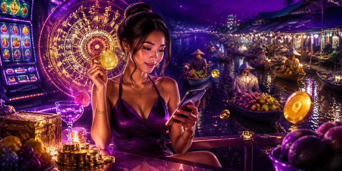 Giao diện slot game neon rực rỡ tại vùng sông Mekong trên ứng dụng di động