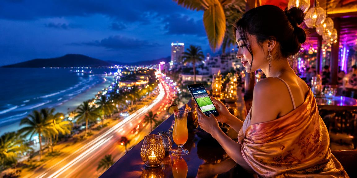 Màn hình neon hiển thị giao diện cá cược thể thao tại khu vực Phú Quốc ban đêm với ánh đèn phản chiếu trên mặt biển